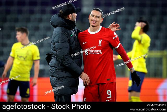 Liverpool's head coach Jurgen Klopp and Liverpool's Darwin Nunez pictured during a game between Belgian soccer team Royale Union Saint Gilloise and English club...