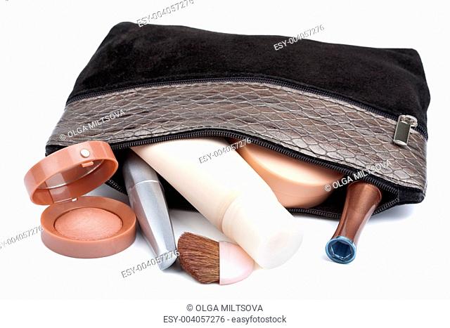 various cosmetics in bag isolated
