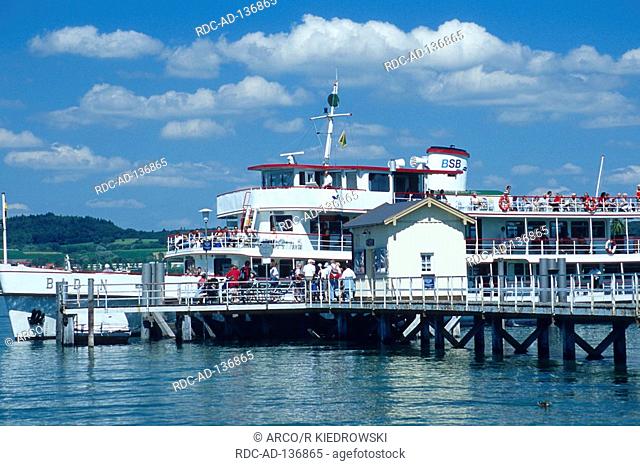 Pleasure steamer at landing stage Dingelsdorf Lake Constance Baden-Wurttemberg Germany