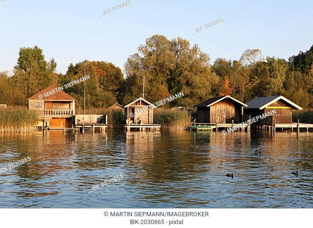 Boathouses, Lake Starnberg, Percha near Starnberg, Fuenfseenland, Five Lakes region, Upper Bavaria, Bavaria, Germany, Europe, PublicGround