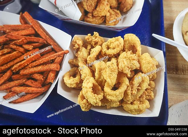 Ipswich, Massachusetts, USA A tray of sweet potato fries and calamari