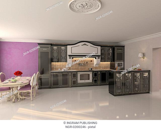 luxury kitchen interior in classic style (3D rendering)