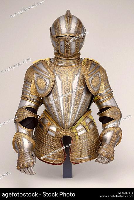 Garniture for Field and Foot Tourney at the Barriers - About 1575 - Northern Italian, Milan. Steel with gilding, brass, leather, velvet weave, and lace