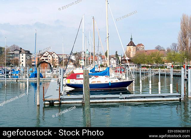 Aarbon, SG / Switzerland - April 7, 2019: view of the harbor and old town of Arbon on the shores of Lake Constance in Switzerland