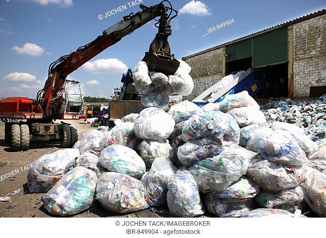 Plastic recycling, PET bottles and plastic rubbish are shredded and pressed, Essen, North Rhine-Westphalia, Germany, Europe