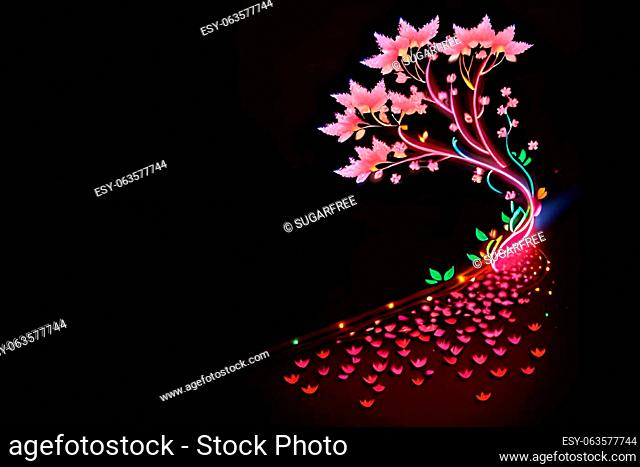 Neon glowing outlined illustration of colorful flower. AI generated image