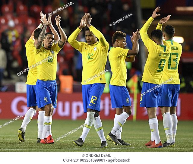 Brazilian players greet the fans after the friendly football match Czech Republic vs Brazil at Sinobo Stadium, Prague, Czech Republic, Tuesday, March 27, 2019