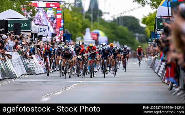 27 August 2023, Bremen: Cycling: Tour of Germany, Hannover - Bremen (180.00 km), stage 4: The leading group crosses the finish line in a bunch sprint