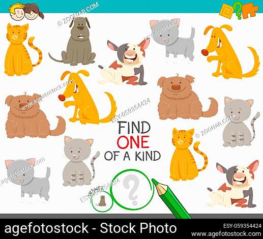 Cartoon Illustration of Find One of a Kind Picture Educational Activity Game with Cute Dogs and Cats Animal Characters