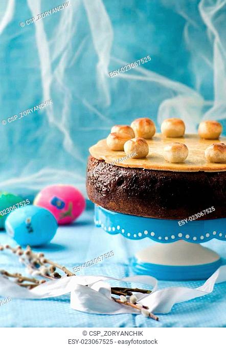 Simnel cake .Traditional English easter cake with marzipan