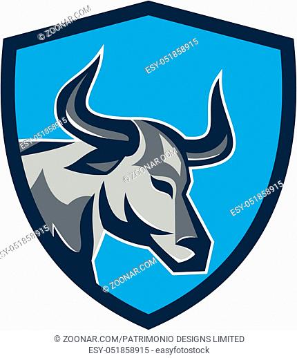 Illustration of a texas longhorn bull head viewed from side set inside shield crest on isolated background done in retro style