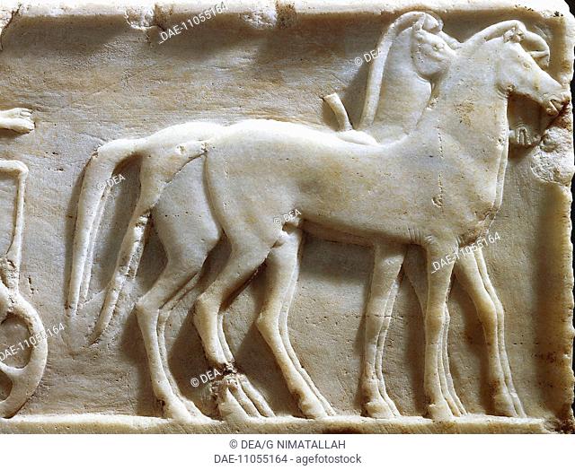 Greek civilization, 5th century b.C. Plinth of kouros statue depicting Hoplites and a horse-drawn chariot, circa 490 b.C. Detail: horses