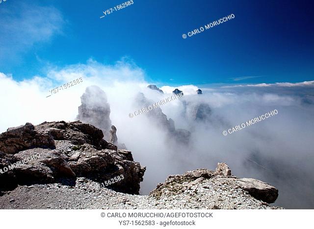 Panoramic view from the top of Sfornioi nord peak in the Belluno Dolomites, Unesco world natural heritage site, Italy, Europe
