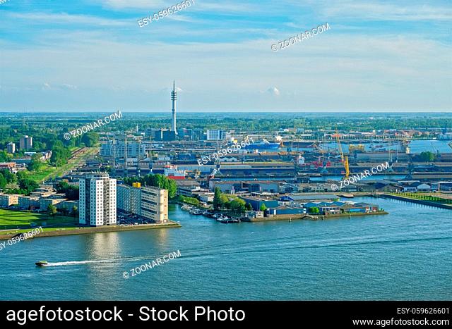 View of Rotterdam port and Nieuwe Maas river