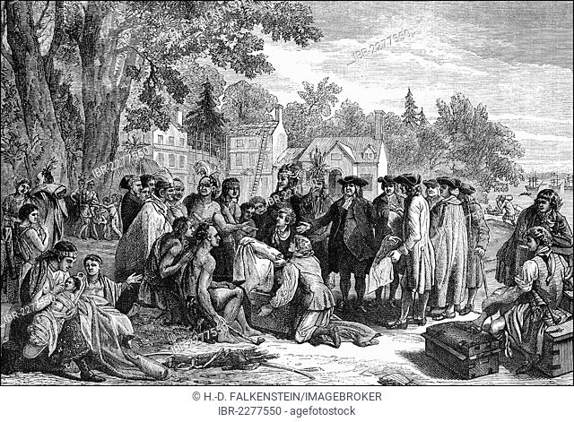Historical scene, US-American history, 17th century, contract negotiations between Penn and the Indians, William Penn, 1644 - 1718