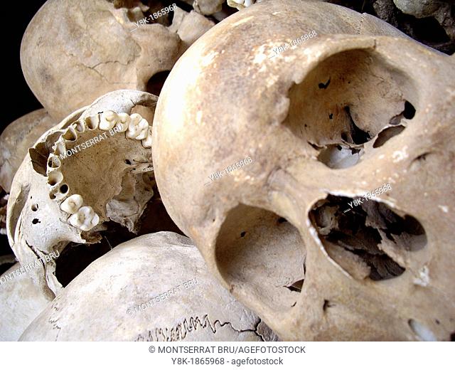 Pile of skulls at the Killing Fields in Choeung Ek, Cambodia