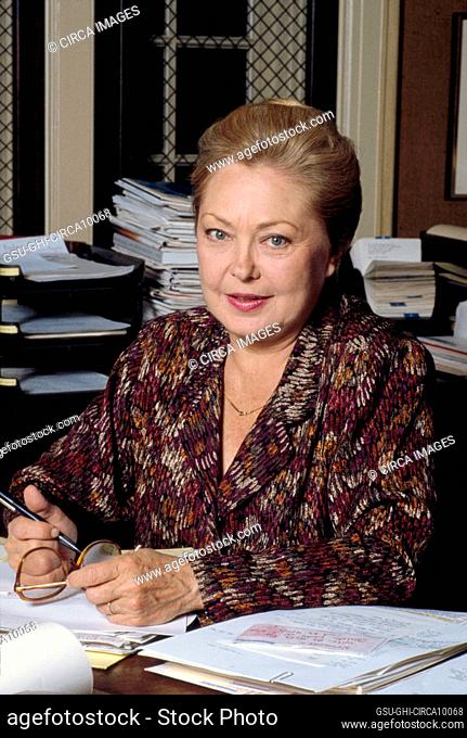 Mathilde Krim (1926-2018) Medical Researcher and founding Chairman of American Foundation for AIDS Research (amfAR), seated Portrait, 1987