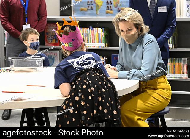 Queen Mathilde of Belgium pictured at the Mercy Ship Academy, school for children of crew members, during a royal visit to the hospital ship the 'Global Mercy'...
