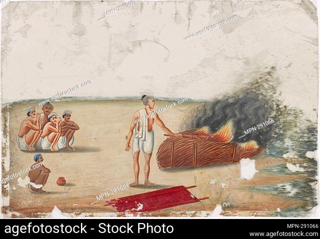 Funeral pyre set afire by male servant in white dhoti, 5 seated servants observing. Indian coloured drawings: a collection of 177 original paintings on ""talc