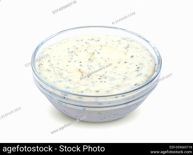 Garlic sauce in bowl isolated on white background with clipping path
