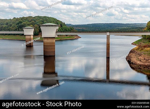 View at artificial lake Gileppe dam in Belgium Ardennes with two drinking water supply systems
