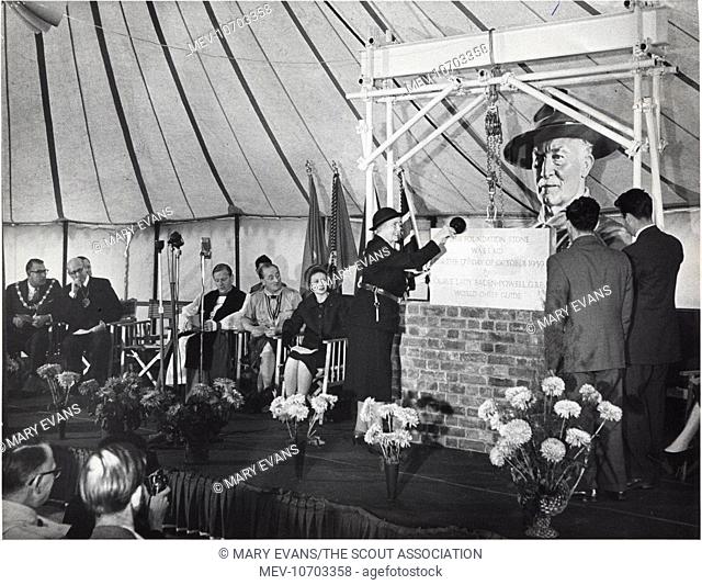 Lady Olave Baden Powell laying the foundation stone for the new Baden Powell House in Queen's Gate, South Kensington, London