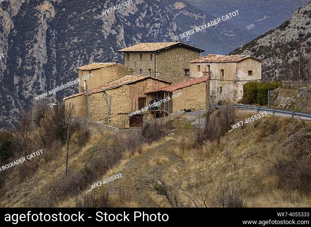 Voloriu Village, with the Prada mountain range in the background, in the OrganyÃ  valley (Alt Urgell, Catalonia, Spain, Pyrenees)