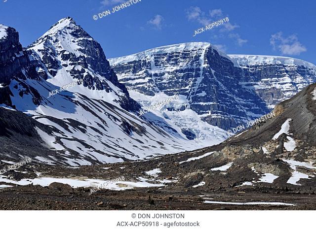 Mt. Athebasca and Mt. Andromeda overlooking glacial till in the Columbia Icefields, Jasper, Alberta, Canada