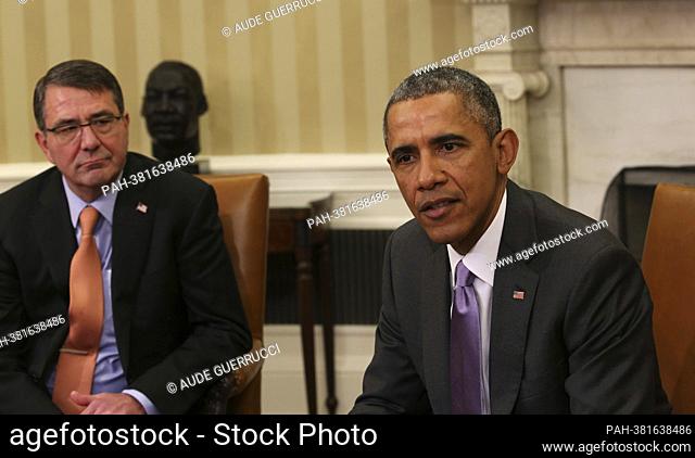 United States President Barack Obama makes a statement after meeting with the Secretary of Defense Ashton Carter (R) in the Oval Office of the White House
