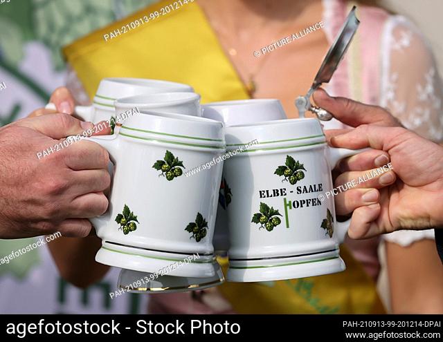 13 September 2021, Saxony-Anhalt, Querfurt: Participants at a press conference on the hop harvest toast with mugs of beer in the yard of the hop harvesting...