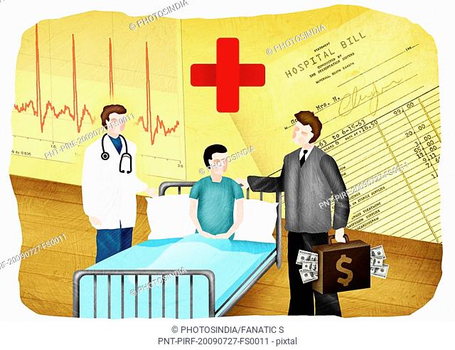 Doctor and a medical insurance agent with a patient in a hospital