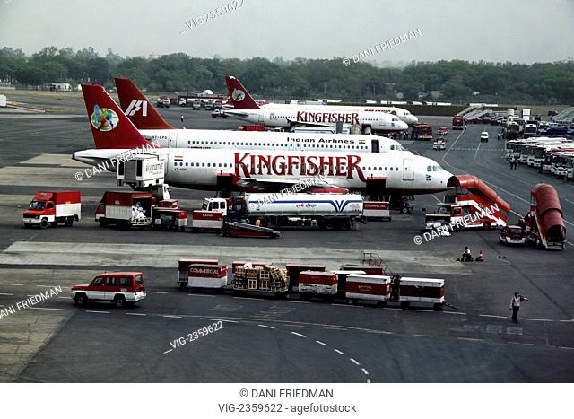 INDIA, DELHI, 28.05.2010, Preperations for takeoff are made to Kingfisher Airlines airplanes at the Indira Gandhi International Airport in Delhi