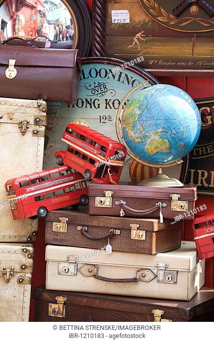 Suitcase, globe, red double-decker bus in London, Portobello Market, London, England, UK, Europe