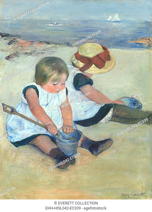Children Playing on the Beach, by Mary Cassatt, 1884, American painting, oil on canvas. Cassatt captures the near child's concentration as she grips the long...