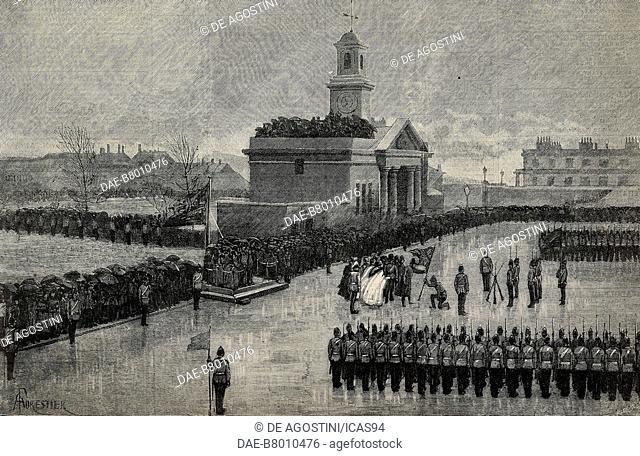 Presenting colors to the Duke of Cornwall's 2nd battalion of light infantry, Raglan barracks, Devonport, United Kingdom, engraving from The Illustrated London...