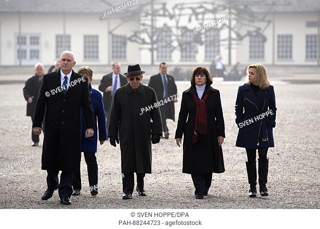 US Vice President Mike Pence (L), his wife Karen Pence (2-R), his daughter Charlotte (R) and Holocaust survivor Abba Naor (2-L) visit the Dachau concentration...