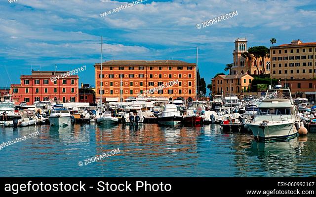 View of the harbour of Santa Margherita Ligure and the village on the Ligurian Riviera, Italy