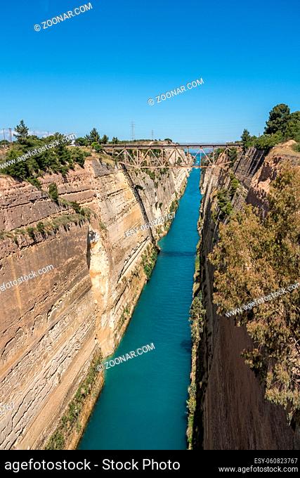 View from bridge over the Corinth Canal near Athens in Greece