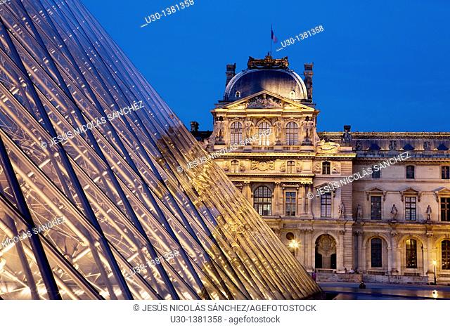 Glass pyramid and Palais du Louvre, nowadays Louvre museum, listed as World Heritage by UNESCO  Paris  France