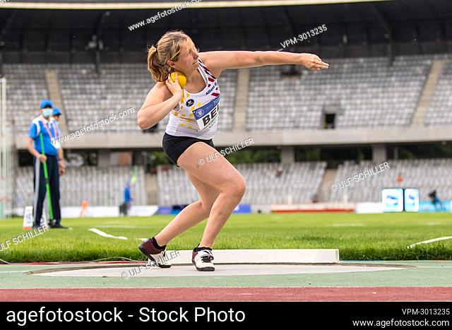 Belgian Elena Defrere pictured in action during the women's shot put event at the second day of the European Athletics Team Championships First League athletics...