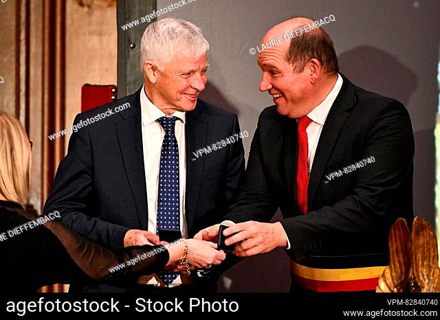 Belgian former athlete Eddy Annys and Bruxelles-Brussel mayor Philippe Close pictured during the award ceremony for the National Trophy of Sports Merit 2023...