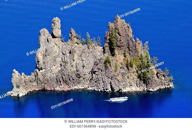 Blue Crater Lake Reflection Phantom Ship Island White Tourist Boat Oregon Pacific Northwest