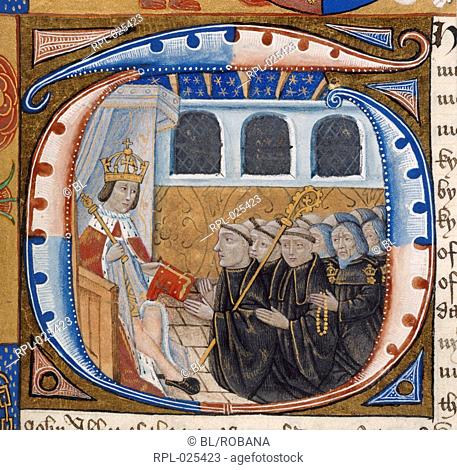 King Henry VII seated on a throne, with crown and sceptre, presenting the book of indentures to John Islip, Abbot of Westminster