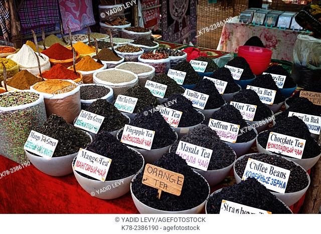 Spice and tea shop at the Wednesday Flea Market in Anjuna, Goa, India