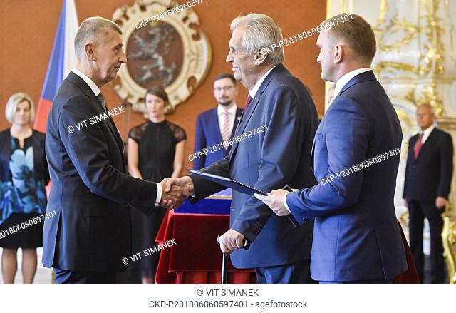 Czech President Milos Zeman (2nd from right) appoints Andrej Babis (left) prime minister for second time in Prague, Czech Republic, on June 6, 2018