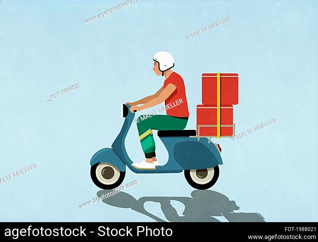 Man in helmet driving motor scooter with red boxes