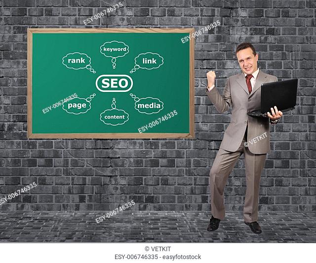 businessman with laptop and seo schem