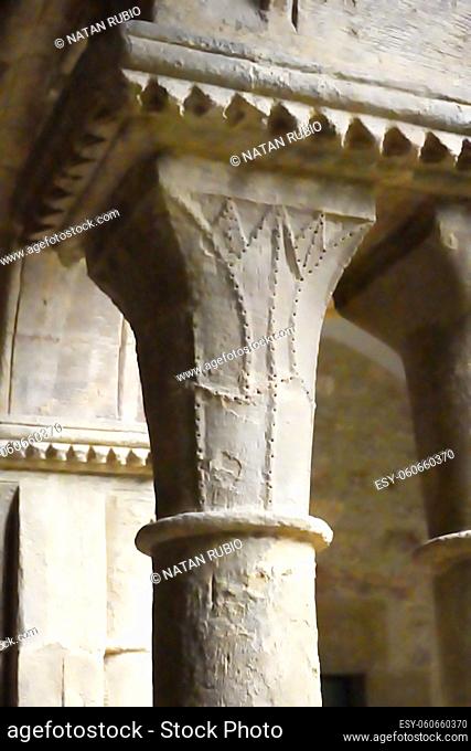 Sculptural detail on the capital of the cloister of the Monastery of Les Avellanes (Os de Balaguer, Lleida, Spain)