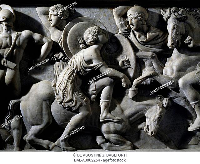 Fight between the Greeks and the Amazons, detail of the embossings on the sides of a marble sarcophagus with a marble group on lid depicting the deceased couple