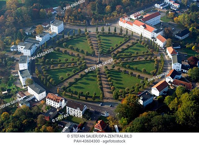 The round square called 'Circus' in the city center of Putbus on Ruegen island is bordered by landmarked houses, photographed in Putbus, Germany